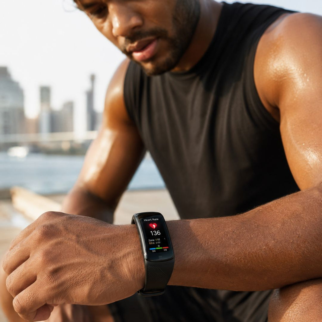Athletic man checking heart rate 136 on fitness tracker after workout