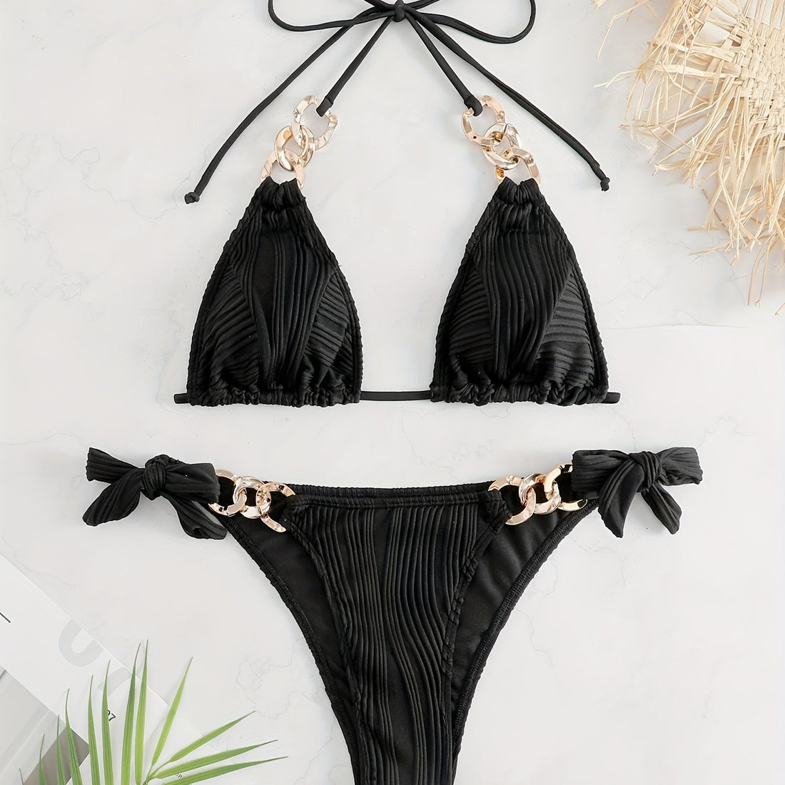 Bikini Ruched Texture Golden Chain 2 Piece Triangle Swimsuit for Women – Striped Halter Bikini Set with Bow Tie Side and Elegant Ring Link Detail – Stretchy Beachwear for Pool Bathing and Summer Vacations